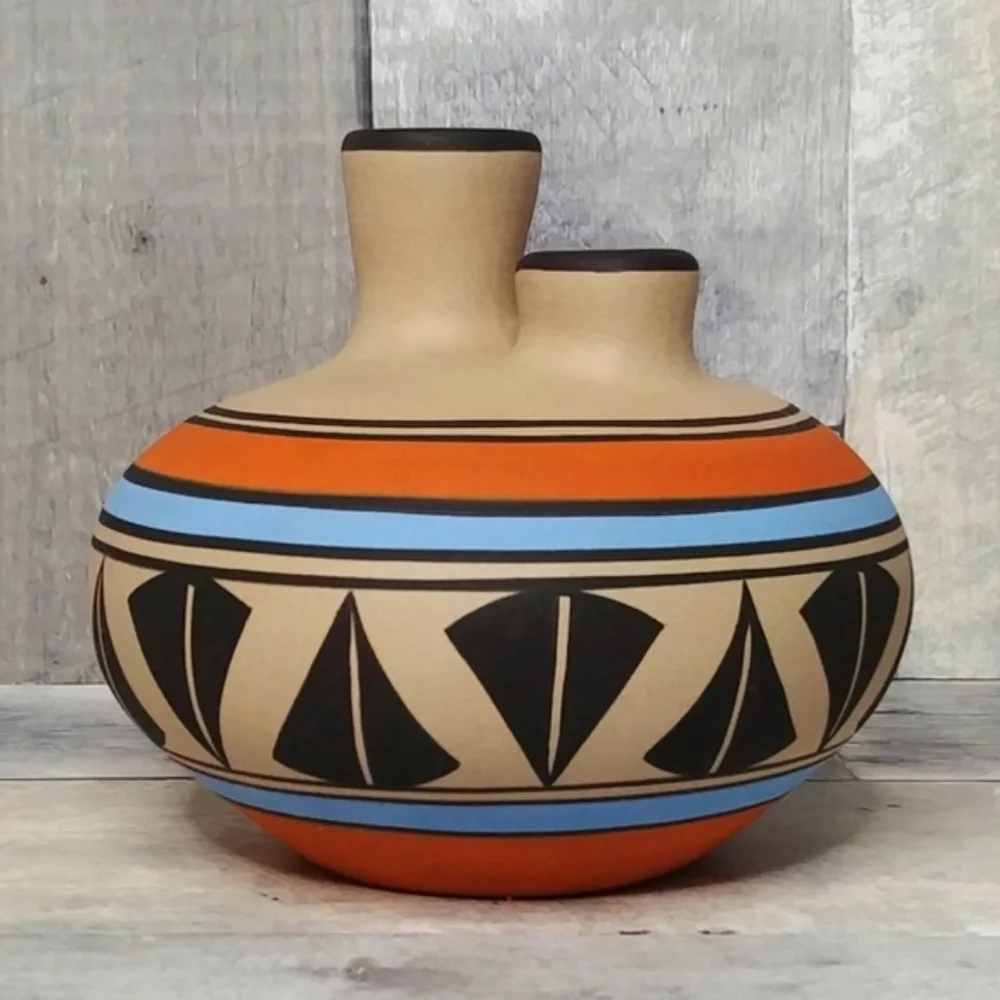 Aadam American Southwest Pottery Double Spout Vase Vessel Signed Excellent